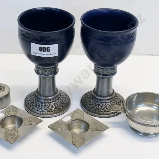 English pewter items - 2 Cornish ceramic goblets with pewter base H200, quaich, trinket & candle holder w/ celtic motifs
