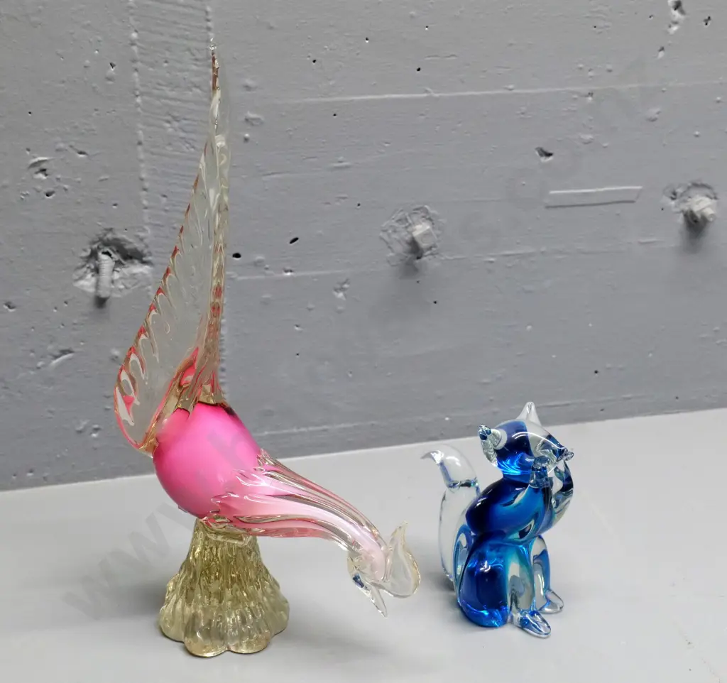 2 art glass animal figures - pink & clear pheasant and blue & clear cat Image 1++