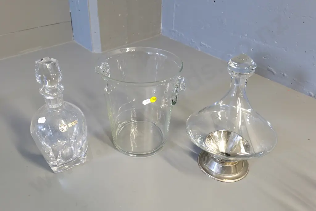 glass ice bucket D-180, cut crystal decanter and a glass wine carafe/decanter in plated stand H-270 Image 1++