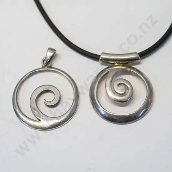 2 silver swirl necklace 1 on leather strand both stamped 925