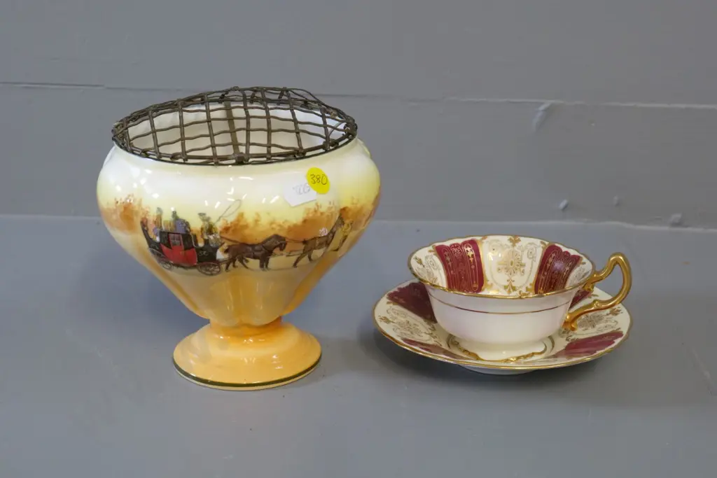Royal Doulton items - Coaching Scenes footed rose bowl H-140 and a cup & saucer Image 1++