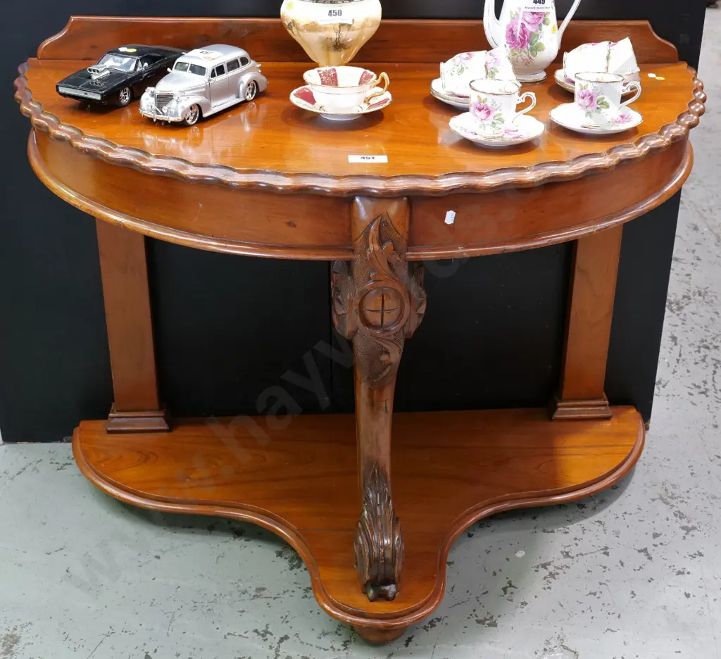 Victorian mahogany half-round hall table with carved front leg, shelf base H-790 W-1070 D520 Image 1++