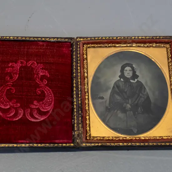 antique small ambrotype photograph in embossed velvet lined case - case is H-95 W-80