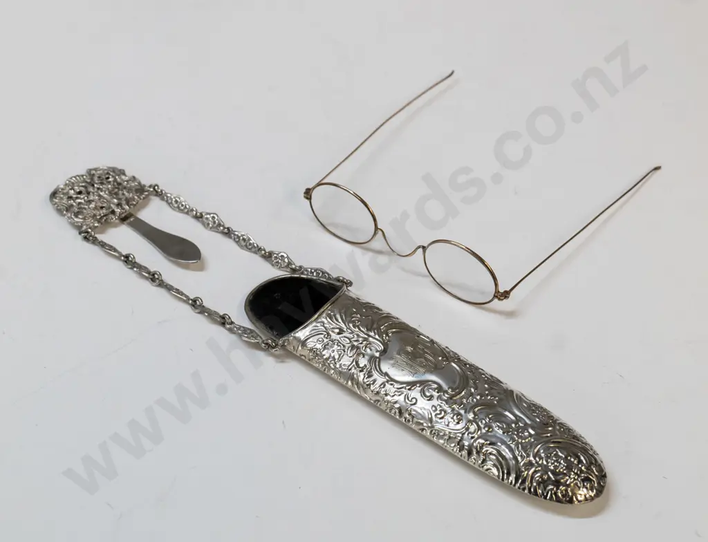silver plated chatelaine spectacle case with vintage gold-framed spectacles Image 1++