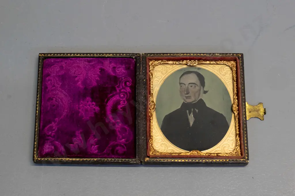 antique small hand-coloured ambrotype in embossed velvet lined case - case is H-95 W-85 Image 1++