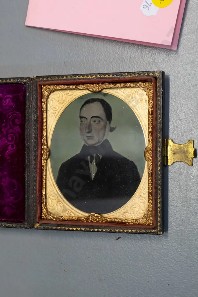 antique small hand-coloured ambrotype in embossed velvet lined case - case is H-95 W-85 Image 1++
