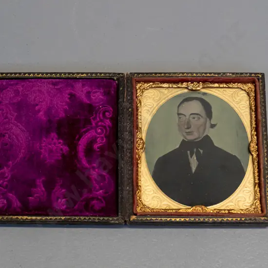 antique small hand-coloured ambrotype in embossed velvet lined case - case is H-95 W-85