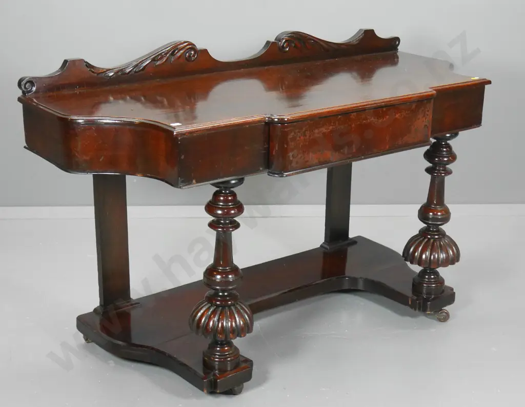 mahogany heavily carved Victorian style single drawer hall table - some splitting & polish wear H-830 W-1360 D-540 Image 1++