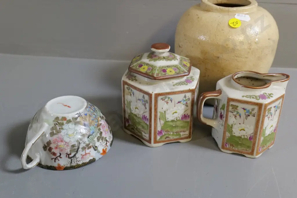 vintage pot or ginger jar, no lid, H-14, Japanese cream & sugar, eggshell china cup Image 1++