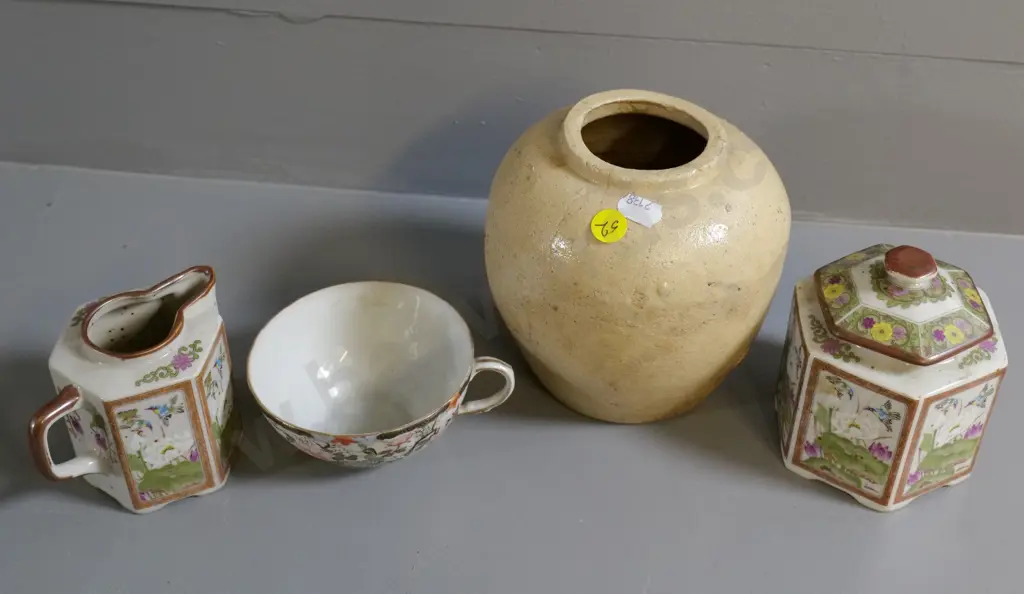 vintage pot or ginger jar, no lid, H-14, Japanese cream & sugar, eggshell china cup Image 1++