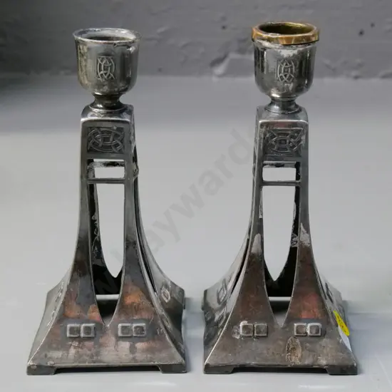 vintage arts & crafts style plated candlesticks H-150 - slight dents, only one has copper candle insert