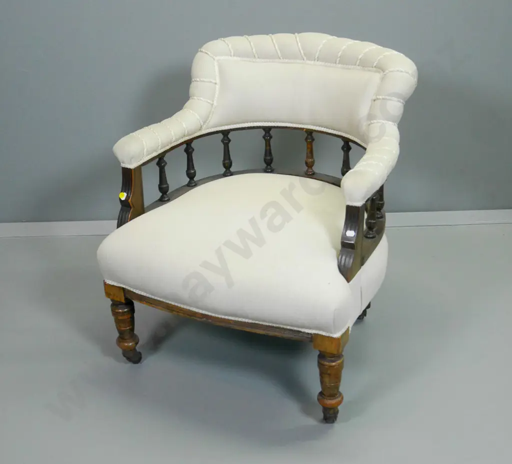 vintage spindle back tub chair on porcelain casters with corded upholstery detail H760 W640 D640 Image 1++