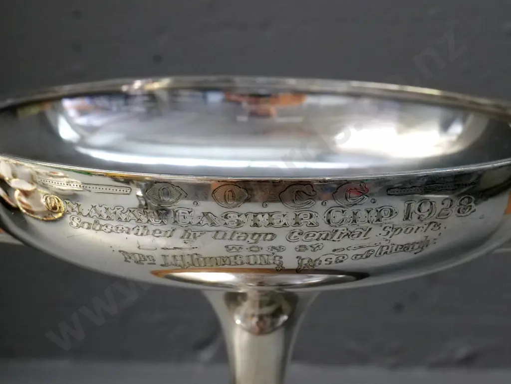 deco style plated trophy cup on oak base - inscribed 'Omakau Easter Cup 1928' w/names - small chip to oak H230 W330 Image 1++
