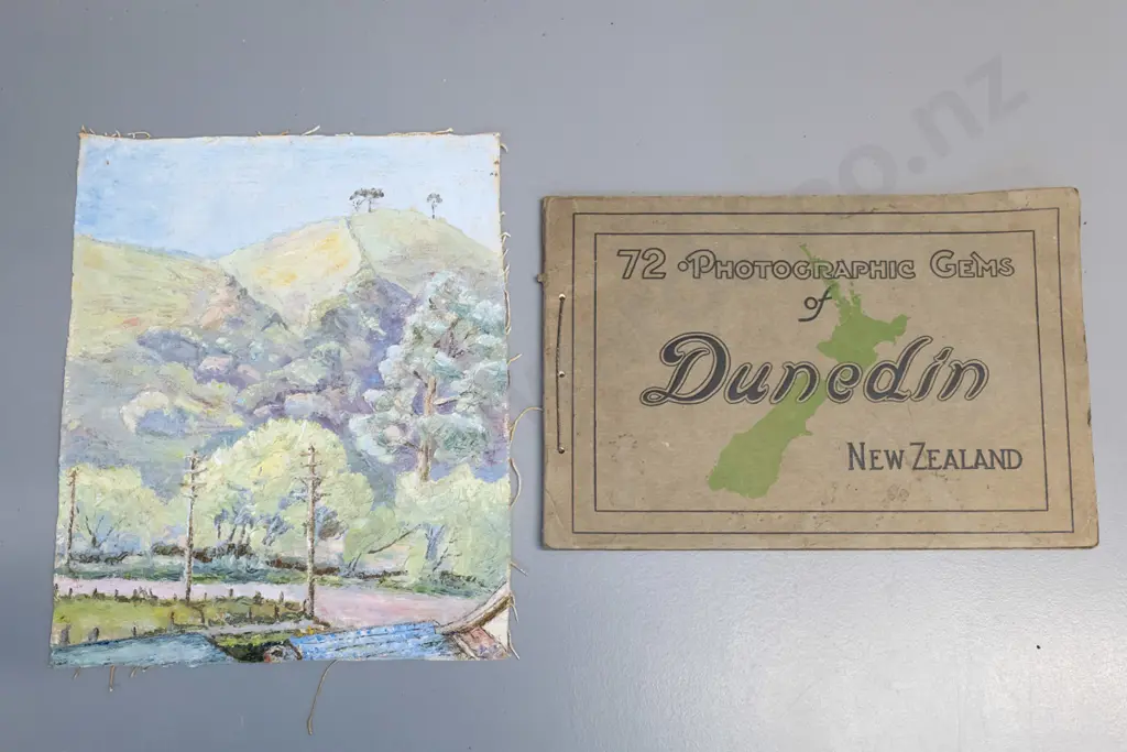 small unmounted canvas with oil painting on both sides and book 72 Photographic Gems of Dunedin NZ, circa 1920s Image 1++