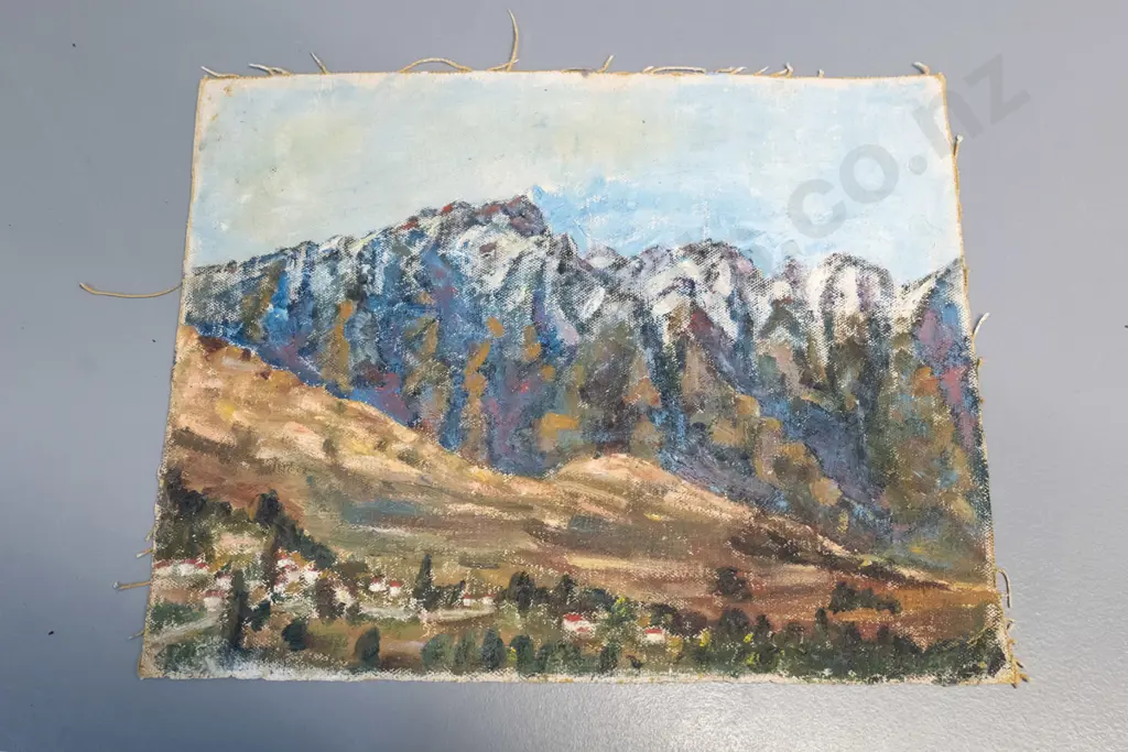 small unmounted canvas with oil painting on both sides and book 72 Photographic Gems of Dunedin NZ, circa 1920s Image 1++