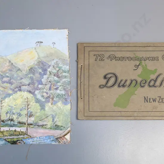 small unmounted canvas with oil painting on both sides and book 72 Photographic Gems of Dunedin NZ, circa 1920s