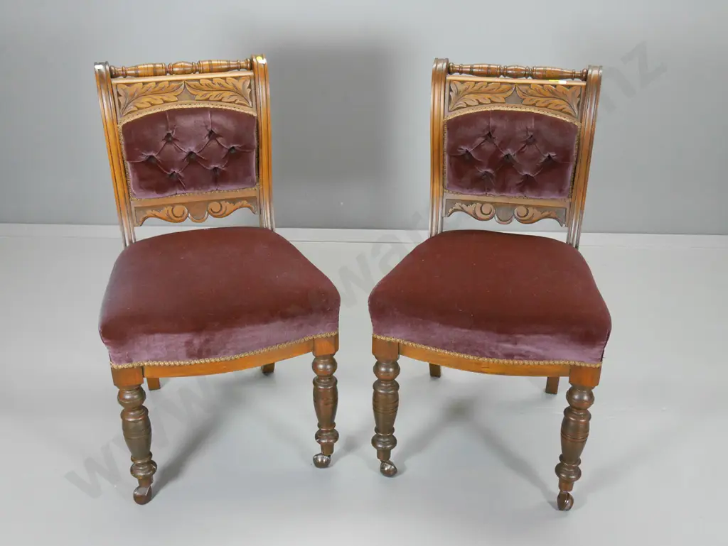 pair of vintage mahogany framed dining chairs w/ carved back, deep button purple velvet, modern casters H910 W500 D480 Image 1++