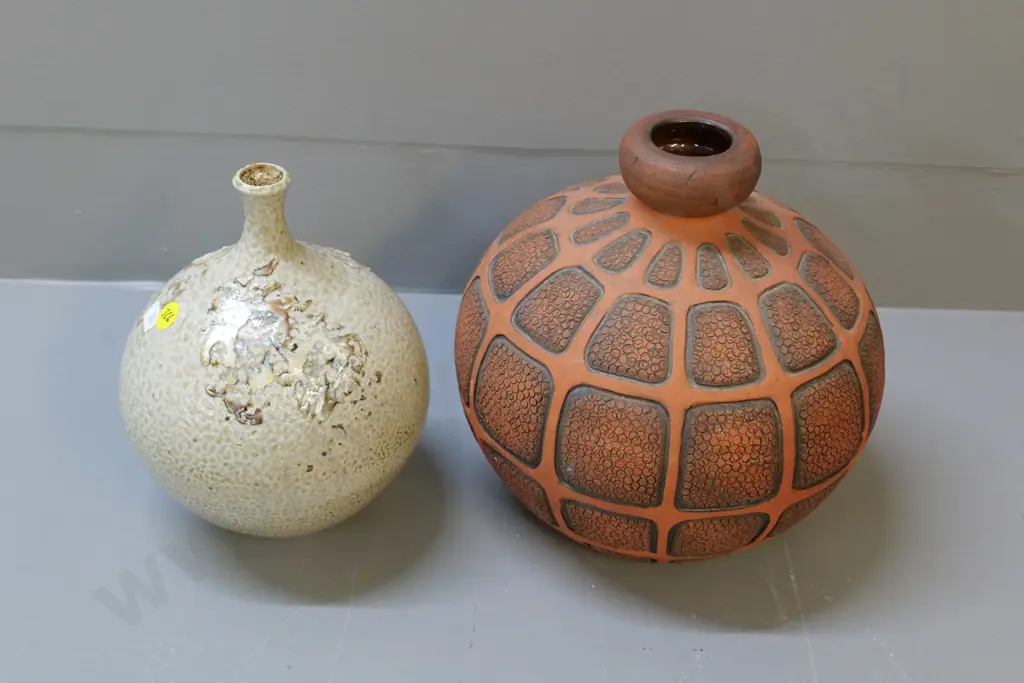 2 studio pottery vases - impressed terracotta marked NR 29-10-78 H-220 D-220, other unmarked Image 1++