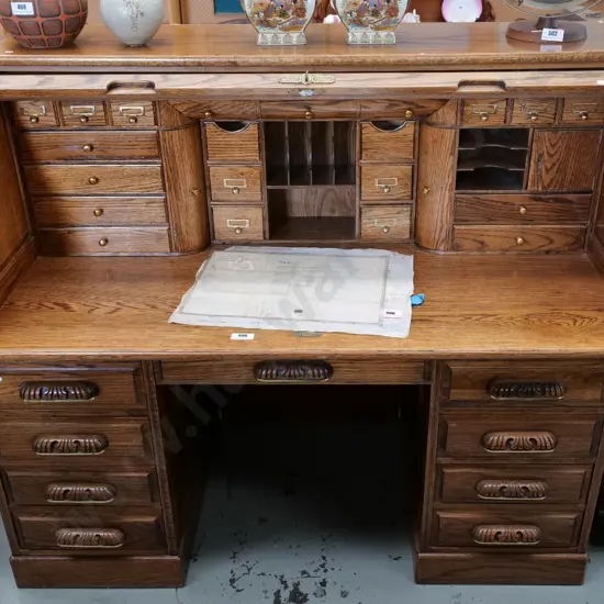 reproduction oak twin-pedestal roll-top desk -  carved wooden handles, brass hardware H-1300 W-1530 D-810