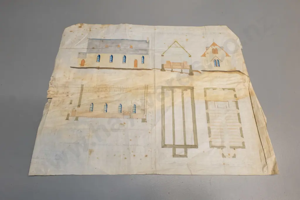 1871 Otago Peninsula land deed for William Burke & 1886 church plan on linen by George Gough Dunedin architect Image 1++