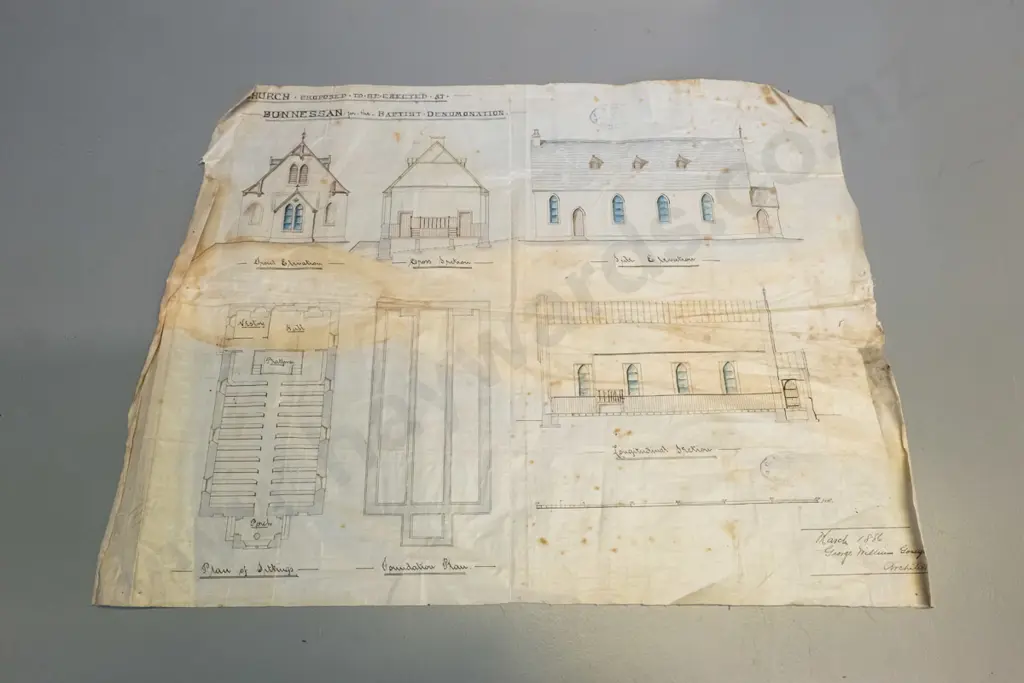 1871 Otago Peninsula land deed for William Burke & 1886 church plan on linen by George Gough Dunedin architect Image 1++