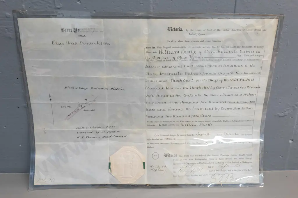 1871 Otago Peninsula land deed for William Burke & 1886 church plan on linen by George Gough Dunedin architect Image 1++