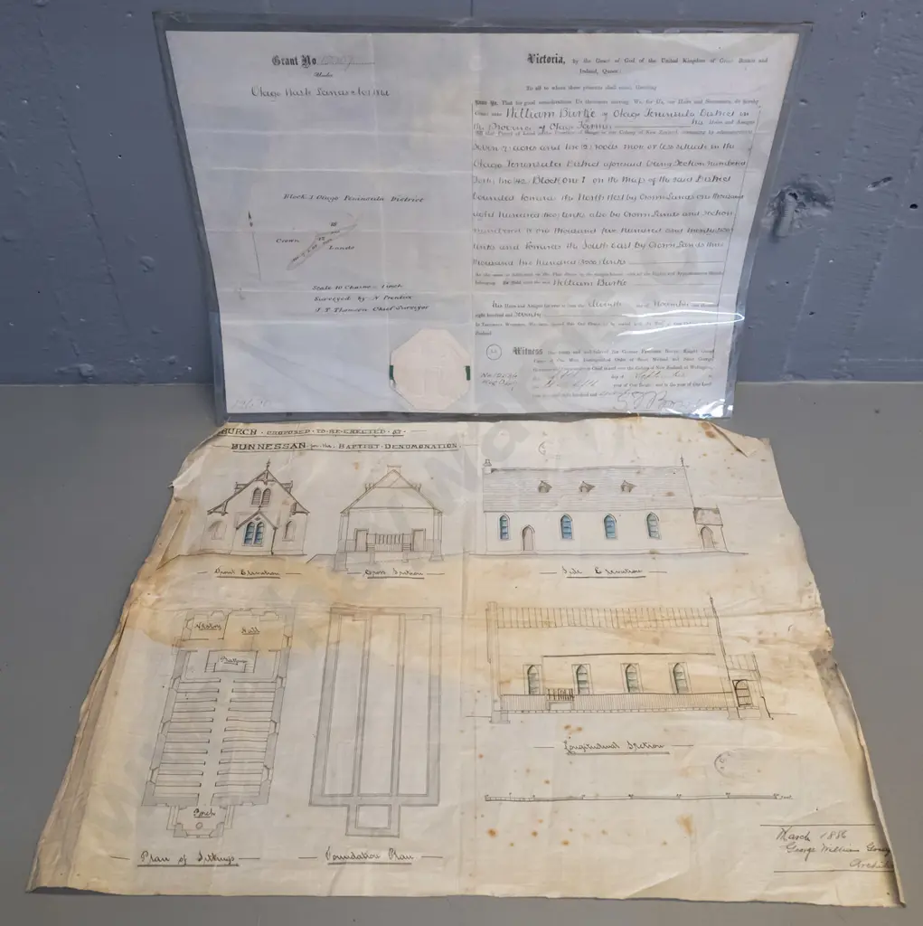 1871 Otago Peninsula land deed for William Burke & 1886 church plan on linen by George Gough Dunedin architect Image 1++
