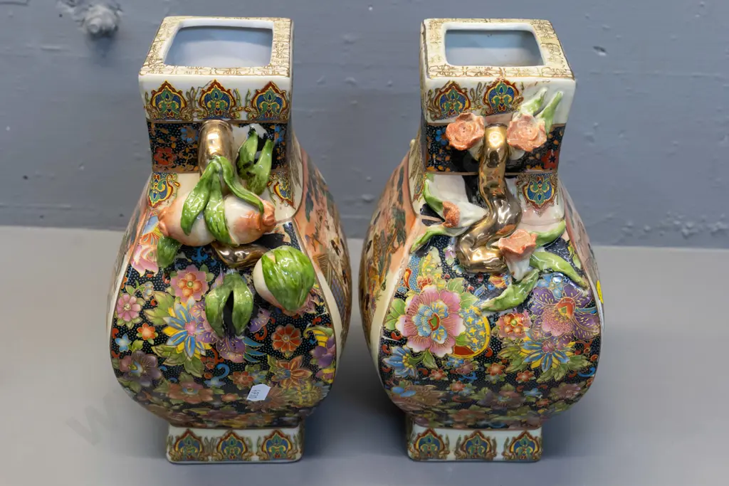 pair of Chinese hand painted ornately decorated vases - one has pomegranate handles, one flowers, has maker's mark H-270 Image 1++