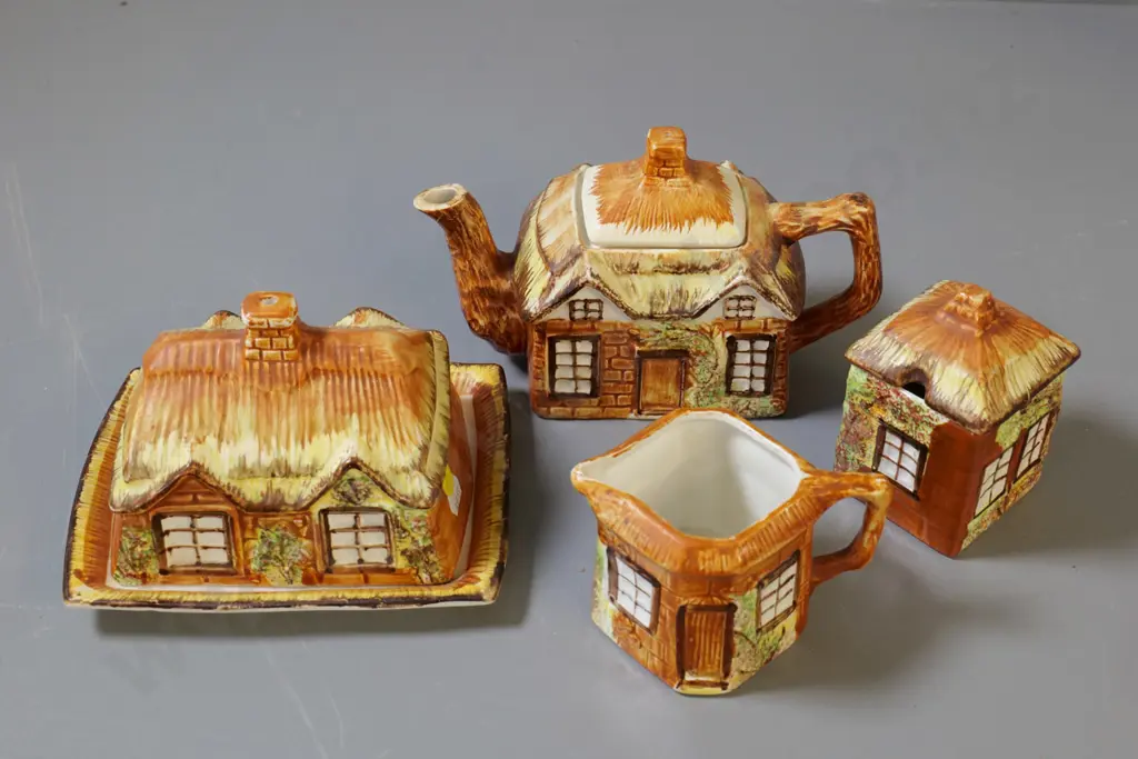 Kensington cottage ware - teapot, cream & sugar, and covered butter dish Image 1++
