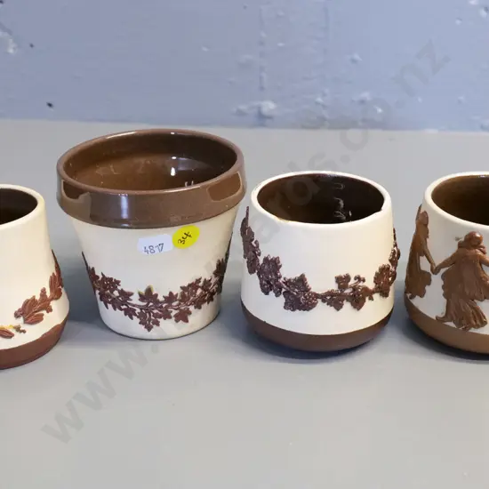 Temuka pottery - 4 pieces of cream & brown Lovatt's jasperware - small jardiniere H90 & 3 pots, one w/chips, one stained