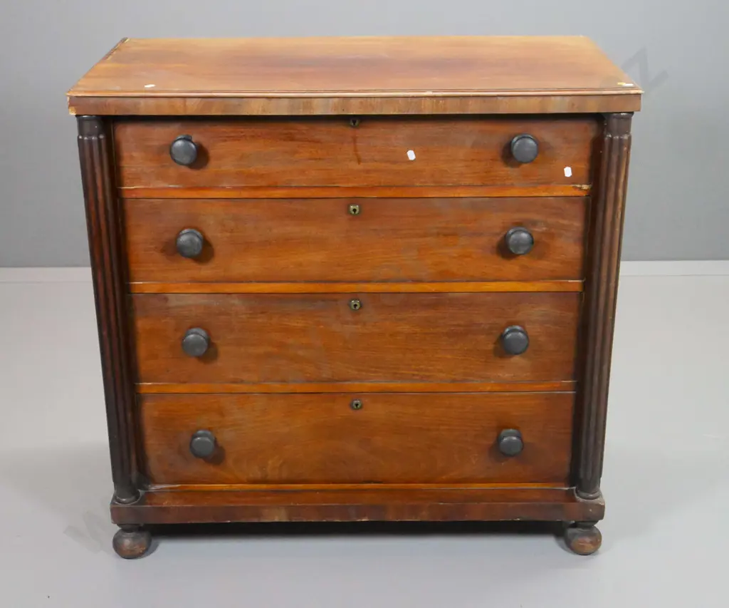 vintage walnut 4-drawer Scotch chest w/bun feet, fluted columns, some damage & wear H960 W1000 D520 Image 1++