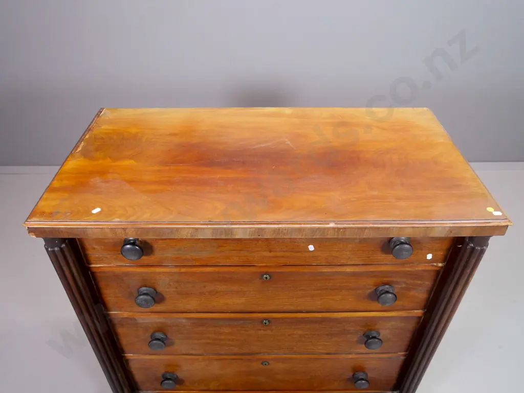 vintage walnut 4-drawer Scotch chest w/bun feet, fluted columns, some damage & wear H960 W1000 D520 Image 1++
