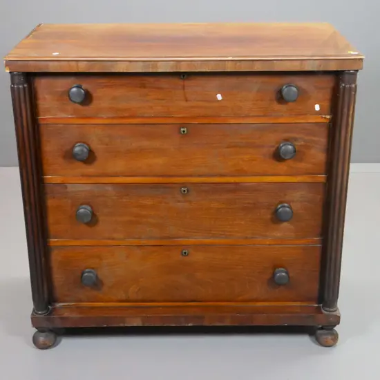 vintage walnut 4-drawer Scotch chest w/bun feet, fluted columns, some damage & wear H960 W1000 D520
