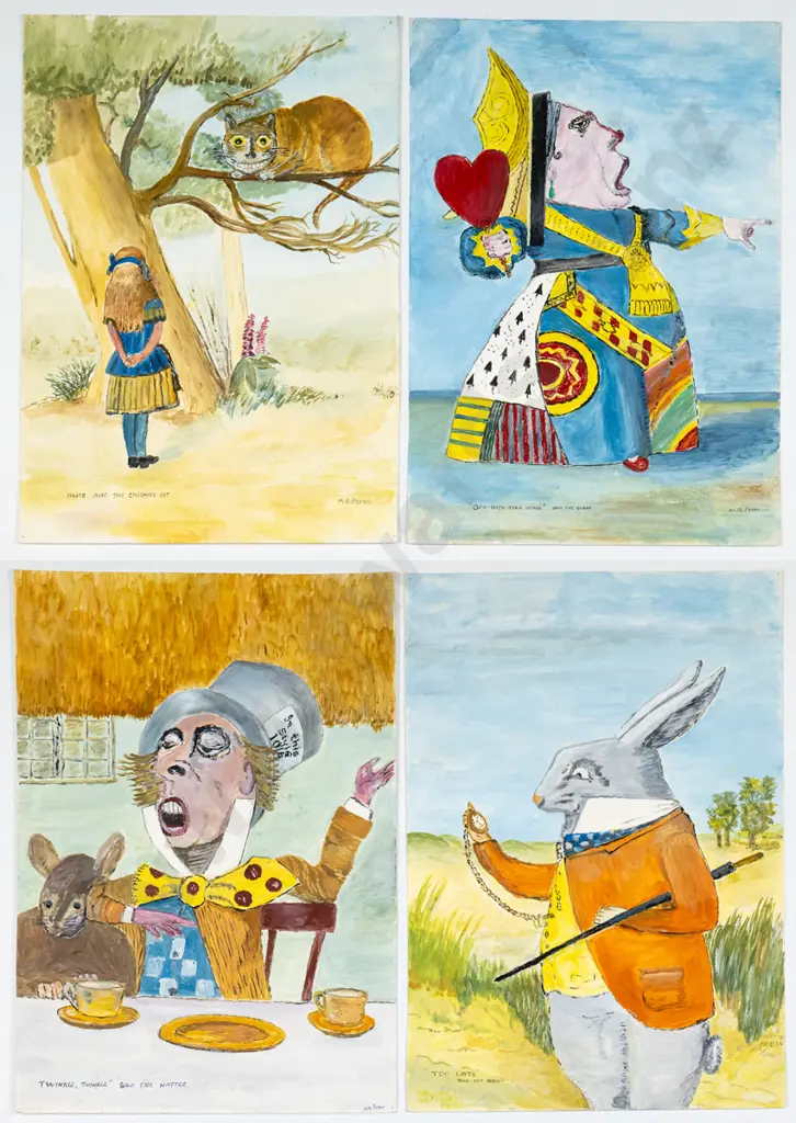 MB Peden -   4x watercolour on paper - Alice in Wonderland characters Each H-420 W-290 Image 1++
