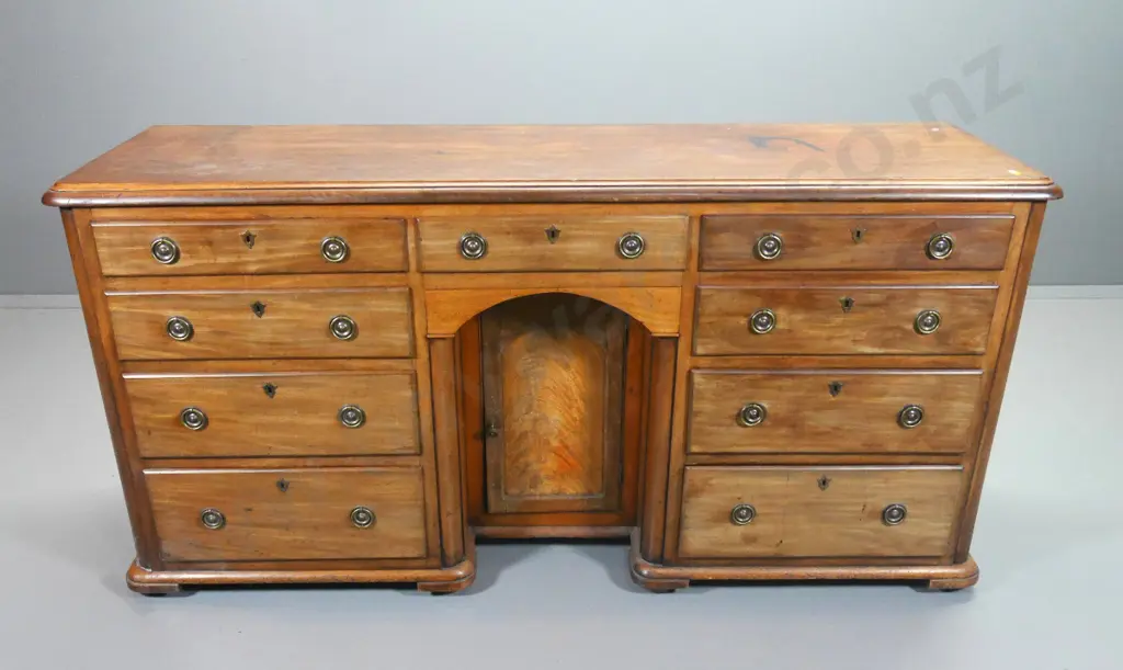 vintage walnut sideboard - break front with recessed door, 9 drawers, splitting on ends, polish wear H910 W1830 D560 Image 1++