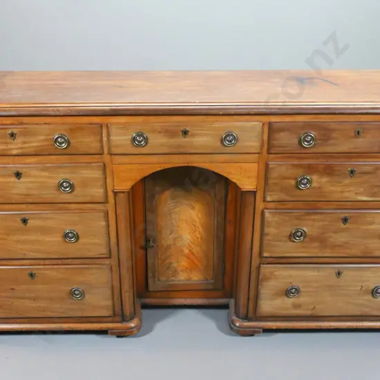 vintage walnut sideboard - break front with recessed door, 9 drawers, splitting on ends, polish wear H910 W1830 D560