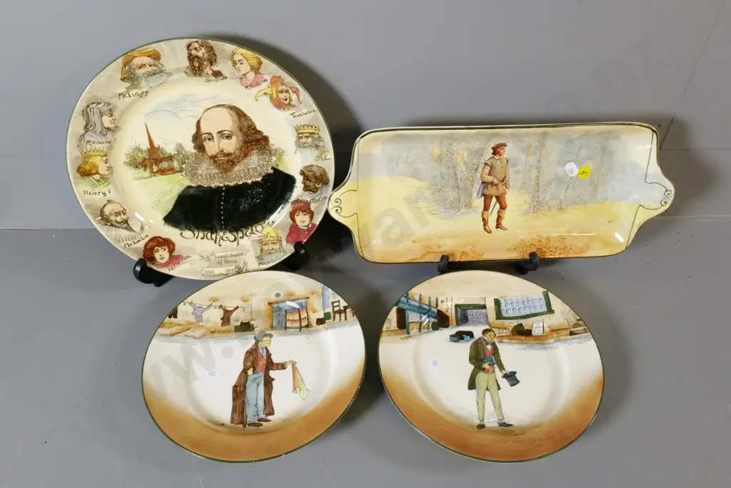 Royal Doulton Shakespeare sandwich tray W370 (small manufacturing fault) & plate and 2 Dickens ware cabinet plates Image 1++