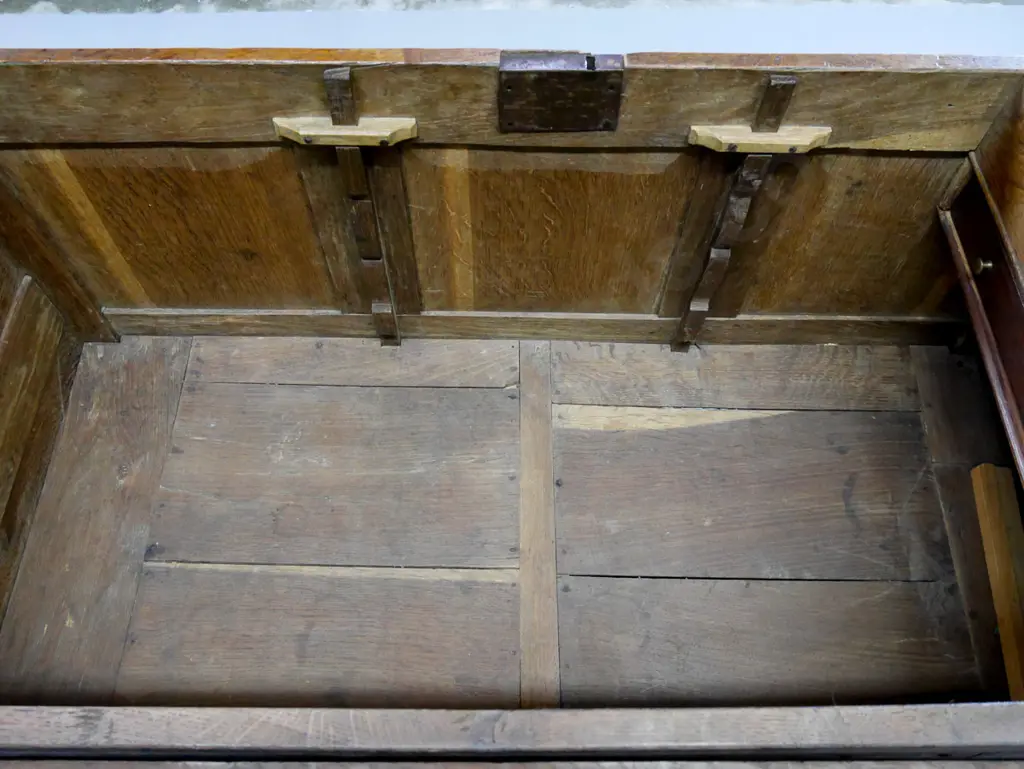 antique oak coffer, 2 drawers, lock and key - internal fittings need repair, some missing beading, etc H700 W1170 D550 Image 1++