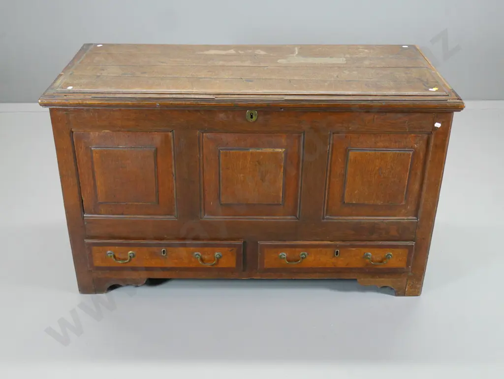 antique oak coffer, 2 drawers, lock and key - internal fittings need repair, some missing beading, etc H700 W1170 D550 Image 1++