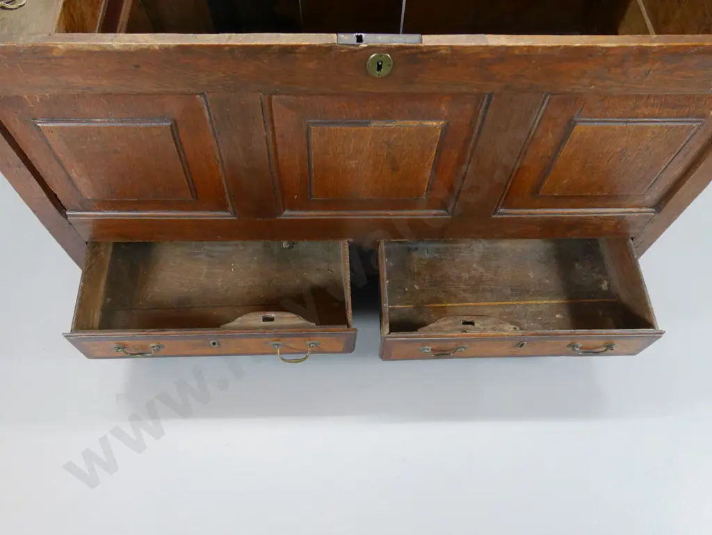 antique oak coffer, 2 drawers, lock and key - internal fittings need repair, some missing beading, etc H700 W1170 D550 Image 1++