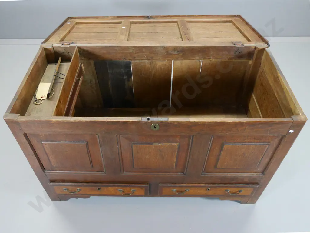 antique oak coffer, 2 drawers, lock and key - internal fittings need repair, some missing beading, etc H700 W1170 D550 Image 1++