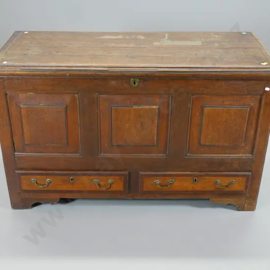 antique oak coffer, 2 drawers, lock and key - internal fittings need repair, some missing beading, etc H700 W1170 D550