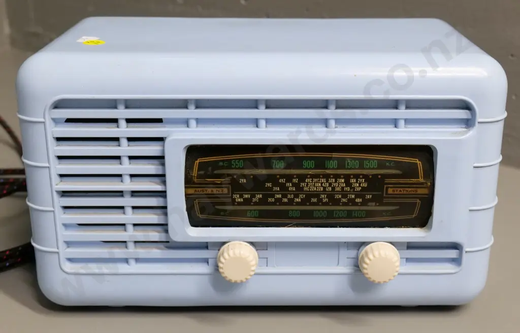 vintage pale blue bakelite mantel radio - note says serviced 2022 Image 1++
