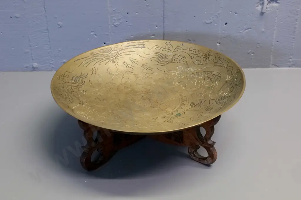 large Chinese etched brass bowl on carved wooden 2-piece stand, one foot has chip to wood H-140 Diameter 380 Image 1++