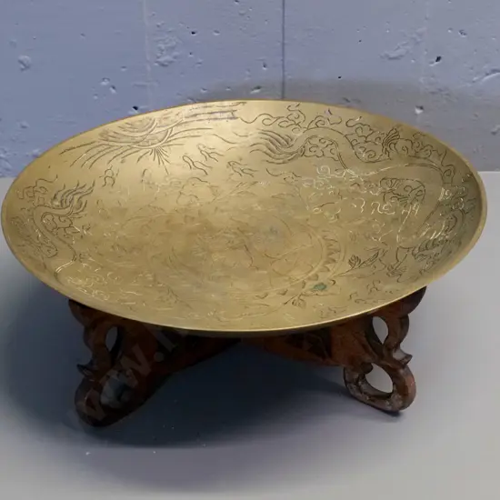 large Chinese etched brass bowl on carved wooden 2-piece stand, one foot has chip to wood H-140 Diameter 380