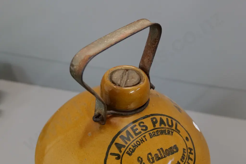 2-Gallon James Paul Egmont Brewery New Plymouth narrow-mouth crock with metal handle H420 D-240 Image 1++