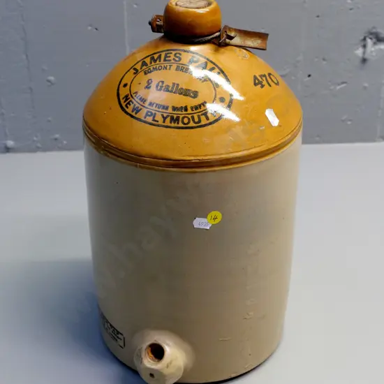 2-Gallon James Paul Egmont Brewery New Plymouth narrow-mouth crock with metal handle H420 D-240