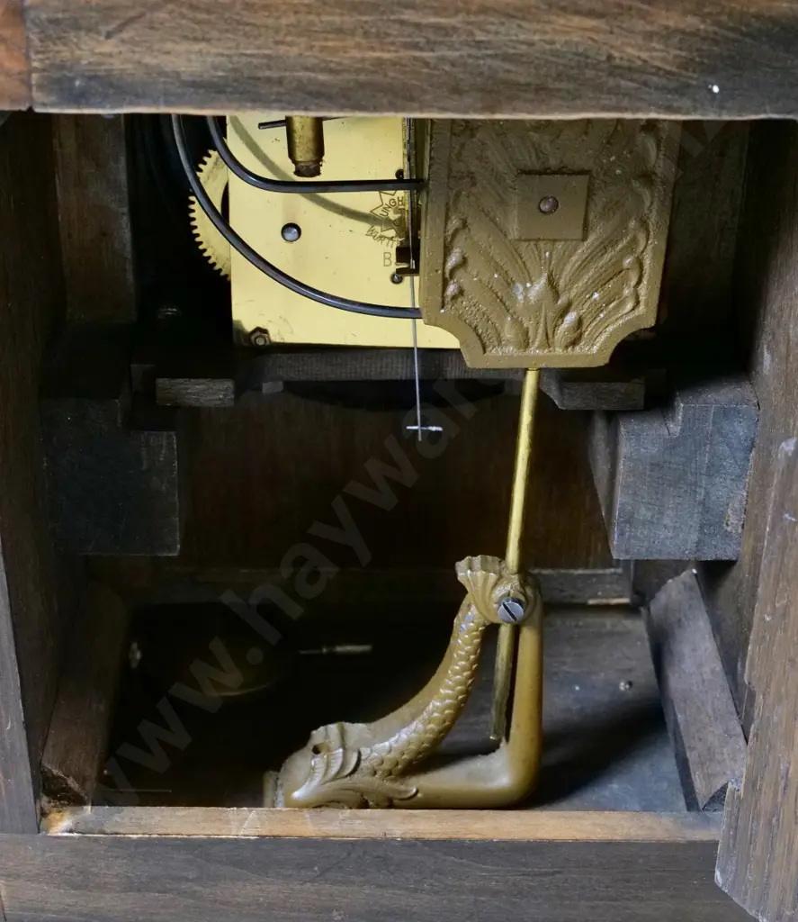 oak cased mantel clock with inlay decoration, brass columns, unusual movement H-310 W-240 D-150 Image 1++