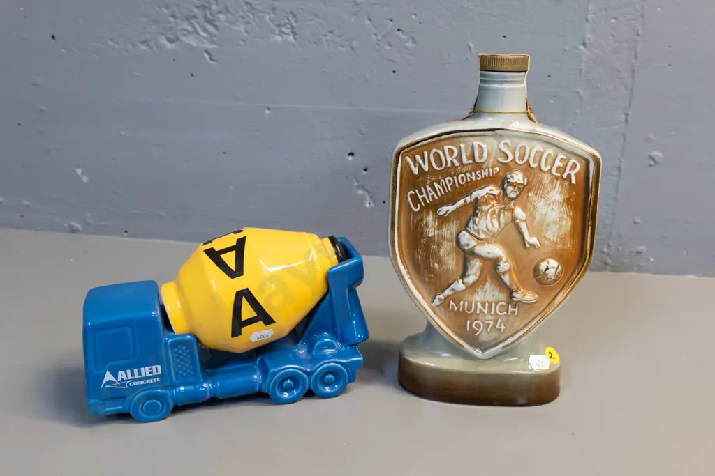 two sealed novelty decanters - Jim Beam Munich 1974 soccer, Allied Concrete mixer w/Portrayal port Image 1++