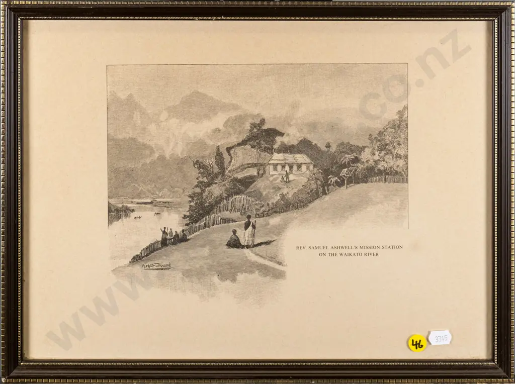 framed print "Rev Samuel Ashwell's Mission Station on the Waikato River" H-190 W-230 Image 1++
